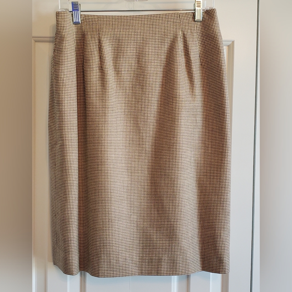 VTG Austin Reed Beige / Gold Black Houndstooth Check Wool Silk Blend Skirt Sz 12